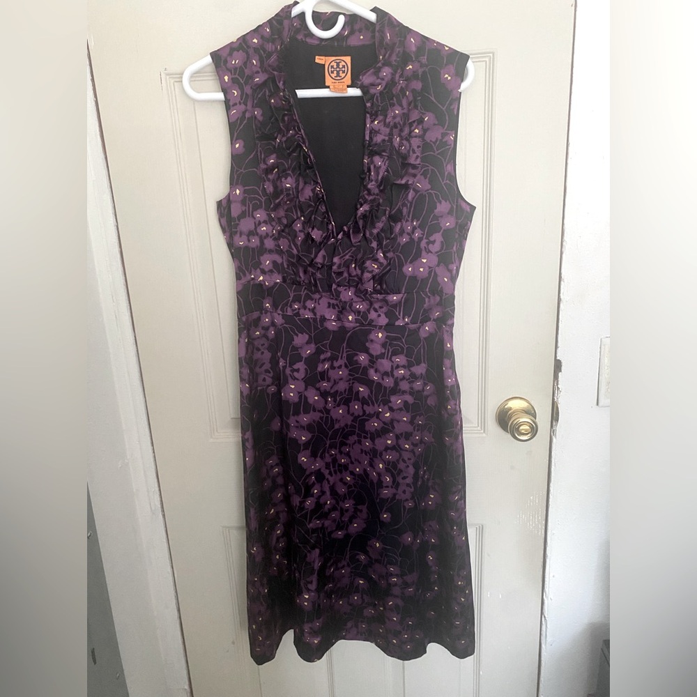 Tory Burch Black and Purple Sleeveless V-Neck Midi Dress